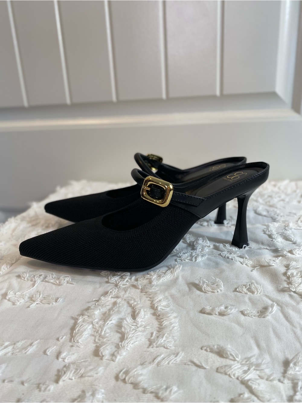 New!  Black Pointed Slingback Heels with Gold Buckle Accent - Picture 2 of 10